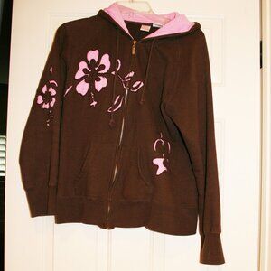 HONOLUA WAHINE Sz L Zip Front Hoodie Sweatshirt Brown with Pink Hibiscus Cutouts